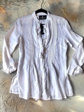 Heavy Linen White Top Vintage European Cottage Jabot Patched Wrinkled